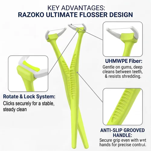 Vista 2 de RAZOKO Kit de hilo dental de mango largo (1 mango verde + 120 recambios) Púas de hilo dentales extra fuertes resistentes a la rotura para dientes