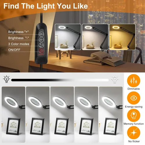 Vista 3 de Lupa grande de 12X con luz, lupa iluminada con soporte de cristal real de 5 pulgadas, 3 modos de color, lámpara de escritorio con lupa LED regulable