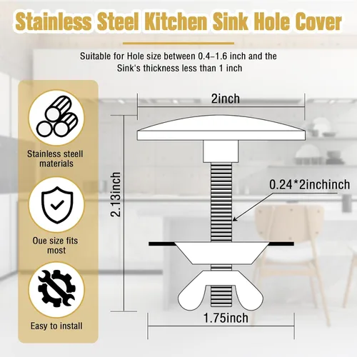 Vista 2 de LEIFIDE Tapa de orificio para fregadero de cocina de 2 pulgadas, tapa de orificio de fregadero con grifo, tapón de acero inoxidable, placa de metal