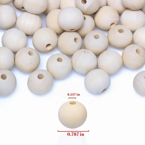 Vista 2 de Cuentas redondas de madera de 3/4 pulgadas, 100 unidades, cuentas sueltas naturales sin terminar, espaciador, suministros para abalorios, hallazgos