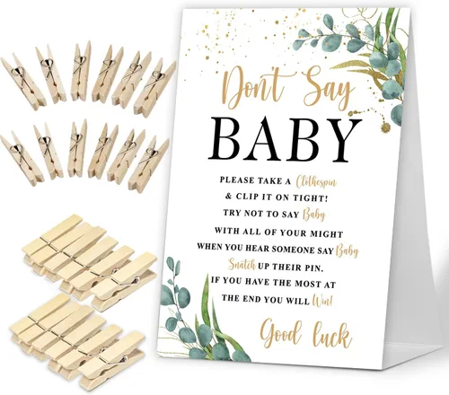 Vista 6 de No digas juego de bebé, Here Comes the Sun, juego de baby shower incluye letrero de baby shower y 50 pinzas para la ropa, decoración de baby shower