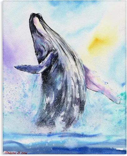 Vista 9 de Stupell Industries 'Humpback Whale Ocean Jump Blue Water' Placa de pared Arte