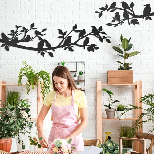 Vista 4 de VeyFolzin.st 3 piezas de colibrí en la rama de árbol decoración de pared de metal, pájaros en la rama, gran cartel negro para colgar en la pared