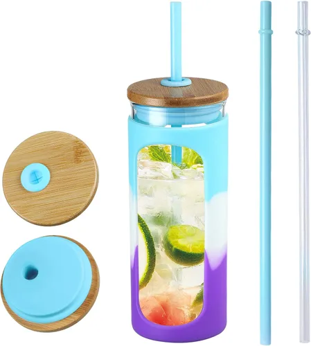 Vista 15 de Kodrine Vaso para agua de vidrio de 20 onzas con popote y tapa, botella de agua con tapas de bambú, taza para café helado, reutilizable, boca ancha