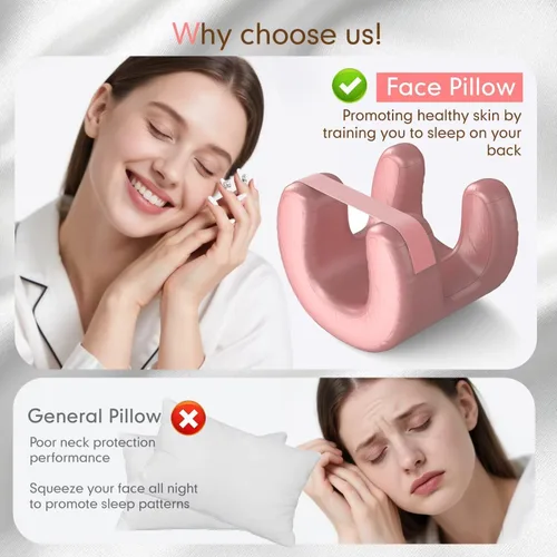 Vista 6 de Almohada facial para arrugas, almohada de masaje facial rosa para dormir boca abajo para arrugas, satén para mantener las arrugas faciales
