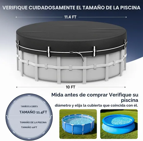Vista 2 de LXKCKJ Cubiertas de piscina redondas de 10 pies para piscinas sobre el suelo, cubierta solar de piscina 420D con set de accesorios de clavos
