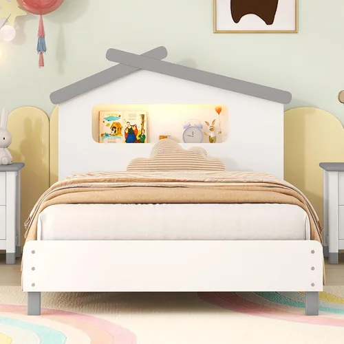 Vista 27 de Cama de plataforma de madera de tamaño individual con cabecera en forma de casa, soporte de listones de madera, para dormitorio de niños, niñas