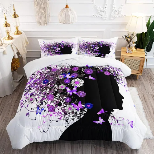 Vista 8 de Juego de edredón romántico para niña de hada, mariposa, flor, hada, para niños y adolescentes, tamaño individual, alas rosas en un vestido floral