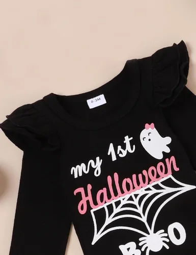 Vista 3 de Conjunto de ropa de Halloween para recién nacido, con volantes, tirantes, calabaza, murciélago, fantasma, falda con diadema