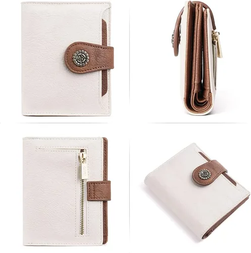 Vista 6 de CLUCI - Carteras pequeñas para mujer, color beige con marrón Bloqueo RFID, cuero, compacto triple, tarjetero con ventana de identificación