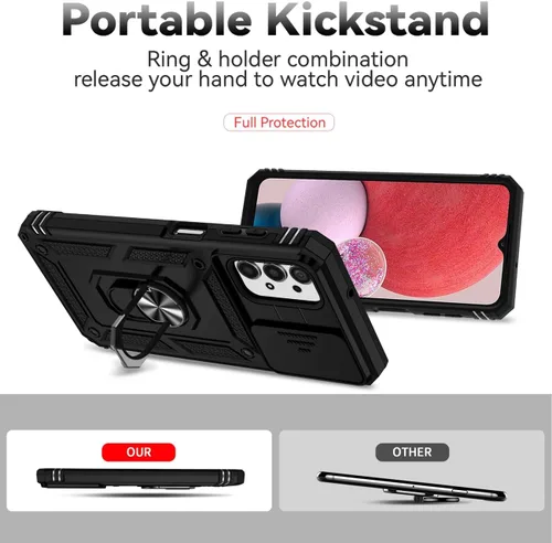Vista 4 de Funda para Galaxy A13 4G/Samsung A13 LTE 4G SM-A135F con protector de pantalla de vidrio templado y cubierta para cámara deslizante, soporte
