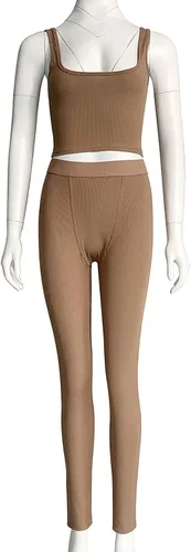 Vista 4 de Dobrila Conjunto de entrenamiento casual para mujer, 2 piezas, camiseta sin mangas acanalada, cintura alta, traje de gimnasio, leggings de yoga