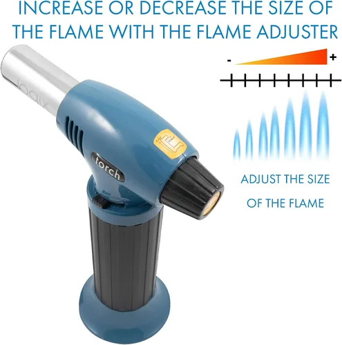 Vista 3 de Encendedor de antorcha de butano, antorcha de cocina para caramelizar, sellar, recargable con bloqueo de seguridad, llama doble ajustable para Azul