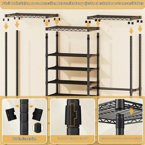 Vista 7 de ULIFHOME E16 - Perchero de ropa resistente (con zapatero ajustable de 7 niveles), perchero independiente para colgar ropa, organizador de Negro