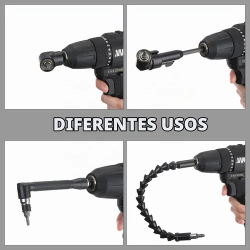 Vista 6 de 14 piezas de juego de extensión de broca flexible 1/4 pulgada de vástago hexagonal extensión de broca flexible taladro de ángulo recto de 105°