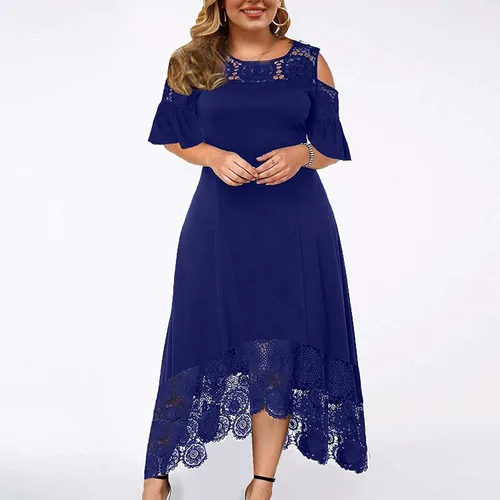 Vista 2 de MOBCTG Vestidos de talla grande para mujer, vestido de encaje con costuras de encaje con volantes, manga corta, sin tirantes, vestido de tubo