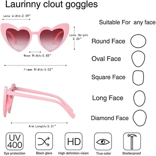 Vista 6 de Lentes de sol de corazón para mujer, diseño de ojo de gato con forma de corazón, lindos lentes de amor, protección UV