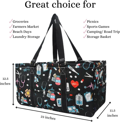 Vista 464 de NGIL Bolsa de comestibles reutilizable extra grande plegable de gran tamaño para comestibles, almacenamiento, picnic, playa, Estampado