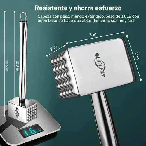 Vista 3 de SUCCFLY - Herramienta ablandadora de carne de acero inoxidable, mazo de carne resistente, 1.65 libras
