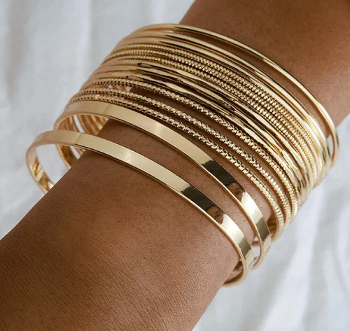 Vista 6 de Brazaletes de oro para mujer, brazaletes indios apilables de múltiples capas abiertos, pulseras gruesas de oro bohemio, pulseras indias de cadena