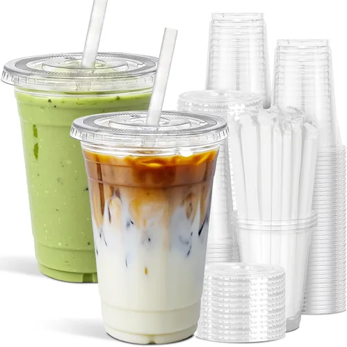 Vista 7 de Ginkgo Paquete de 100 tazas de plástico de 12 onzas con tapas y popotes, tazas de café desechables transparentes para llevar, tazas de café helado