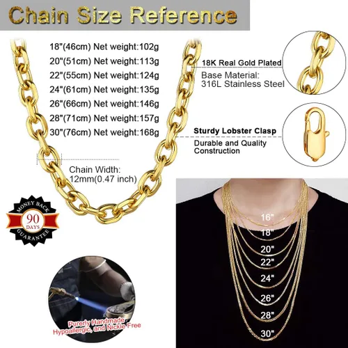 Vista 6 de ChainsHouse - Collar cubano para hombre y mujer, 3mm5mm7mm9mm12mm de ancho, acero inoxidablemetal negrochapado en oro de 18 quilates, 18-30 pulgadas