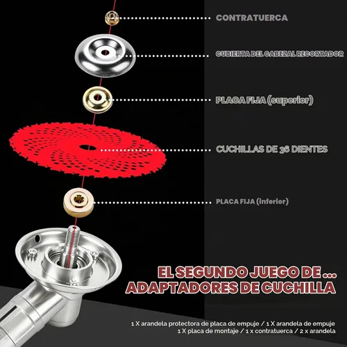 Vista 4 de PLUMIA Cuchillas con punta de carburo de 9" x 36 dientes con kit adaptador universal, para desbrozadora, recortadora, cortadora de hierba