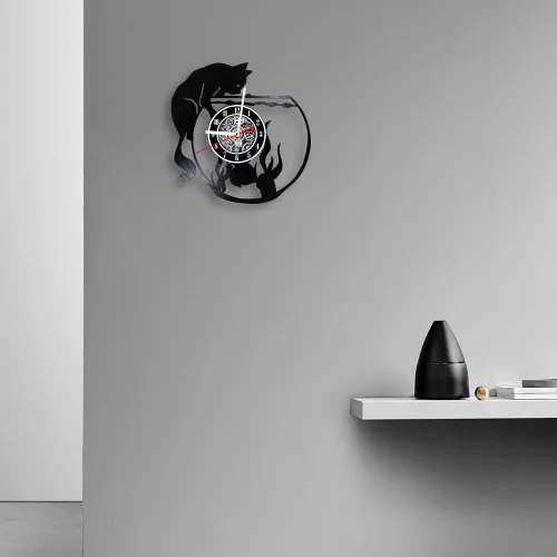 Vista 8 de The Geeky Days Reloj de pared con iluminación LED de gato negro con pecera, lámpara de noche para guardería, habitación de niños, gatito juguetón