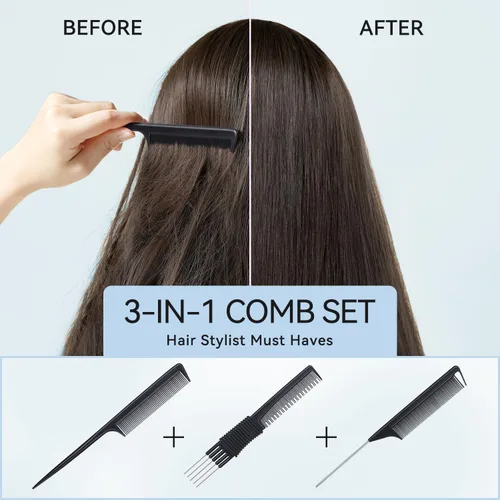 Vista 5 de TsMADDTs Peines de cola de rata para mujeres y hombres, juego de 3 peines para trenzar, separar, peinar, dientes finos, color negro