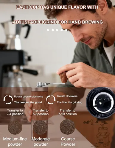 Vista 4 de Molinillo de café manual con 5 ajustes ajustables, molino cónico portátil con capacidad de 1.06 oz para expreso, prensa francesa, verter sobre