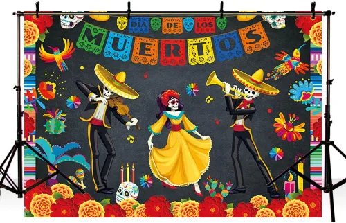 Vista 2 de MEHOFOND Telón de fondo del Día de los Muertos de 7 x 5 pies, fiesta mexicana, calavera de azúcar, flores, fondo de fotografía, vinilo Dia De Los
