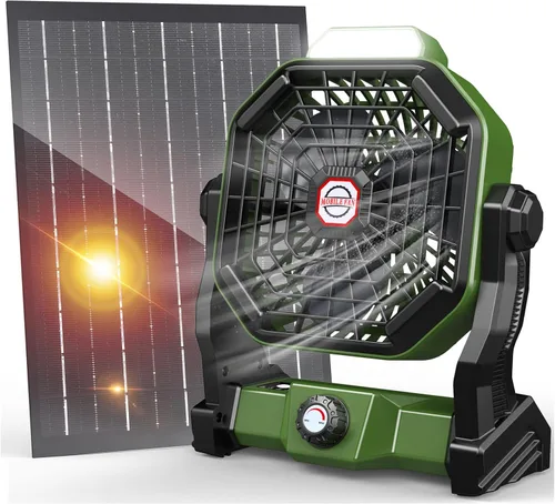 Vista 9 de JINLICTE Ventilador solar de 10400mAh con linterna LED, ventilador de camping con panel solar, ventilador solar recargable de 7W para exteriores