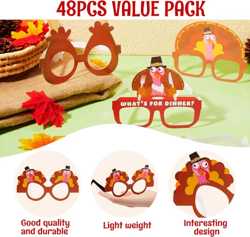 Vista 5 de JOYIN 48 lentes de pavo de Acción de Gracias, marco de anteojos de pavo con diseño de calabaza y hojas de arce, accesorios para fotos, anteojos