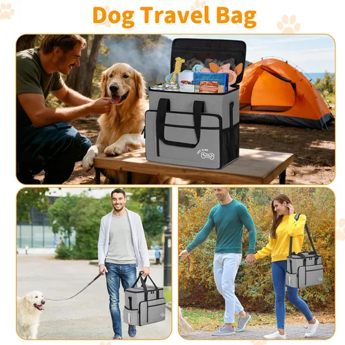 Vista 7 de TORIBIO Bolsa de viaje grande para perros para suministros con cuenco de Gris