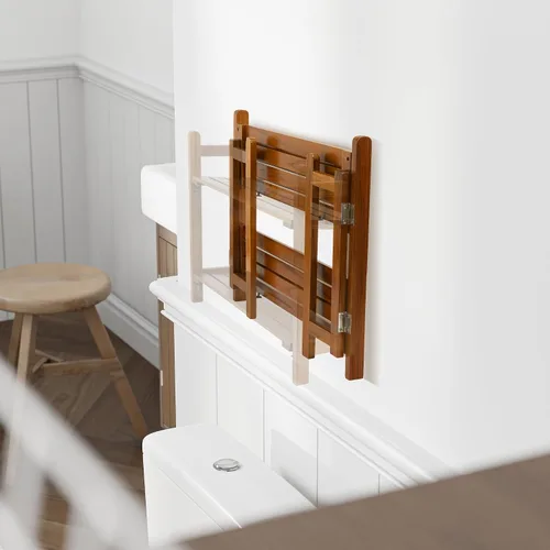 Vista 6 de VaeFae Estantes flotantes de madera de teca para baño, soporte de pared plegable de madera, 2 estantes