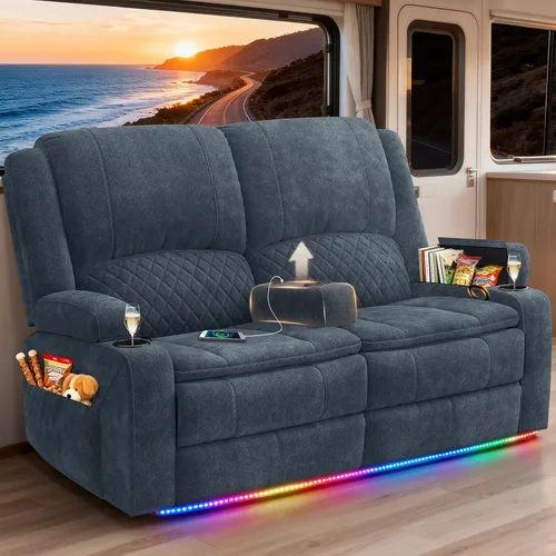 Vista 13 de Sofá reclinable de 3 plazas, sofá reclinable con consola elevable (tela, azul) Reclining Sofa with USB Removable Armrest, RV Sofa with Cup Holder