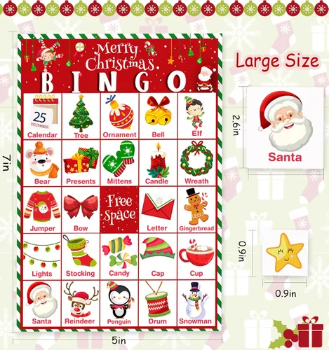 Vista 2 de Officygnet Juego de bingo de Navidad para niños, tarjetas de bingo de Navidad para 32 jugadores para actividades familiares, grupos grandes, aula