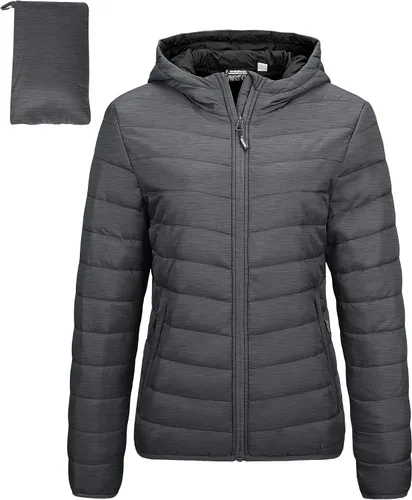 Vista 21 de Outdoor Ventures Chaqueta Puffer Ligera Empacable para Mujer con Cremallera Completa y Capucha, Abrigo de Invierno Acolchado Verde militar