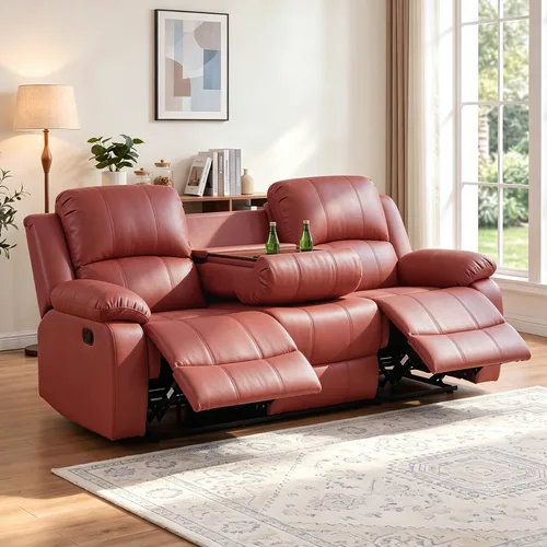 Vista 9 de Silla reclinable de cuero para conjunto de muebles de sala, sofá reclinable de cuero beige para espacios pequeños/RV, sillón individual