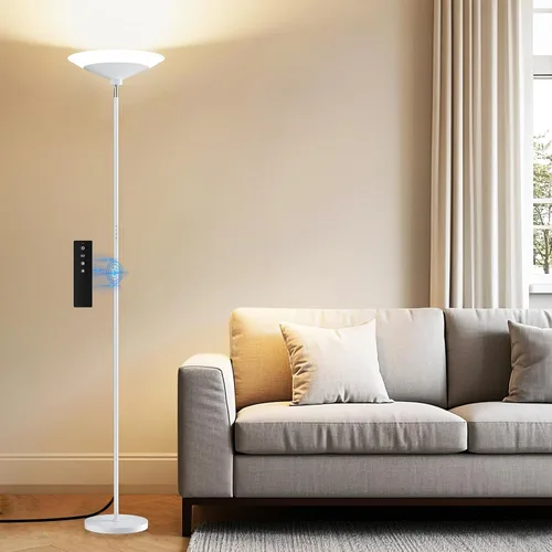 Vista 11 de Lámpara de pie Torchiere plateada metalizada, lámpara de pie LED regulable de 30 W con control remoto/botón, 1800 lm, 3000-6500 K, luz de poste
