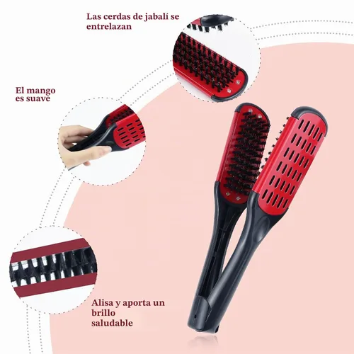 Vista 5 de Peine alisador de pelo, pelo de jabalí doble cara cepillo peine abrazadera, herramienta de peinado (rojo)