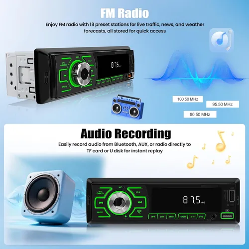 Vista 4 de SIXWIN - Radio para coche de un solo DIN, estéreo Bluetooth, receptor de audio multimedia para coche con control de voz, entrada AUX/USB/TF, control
