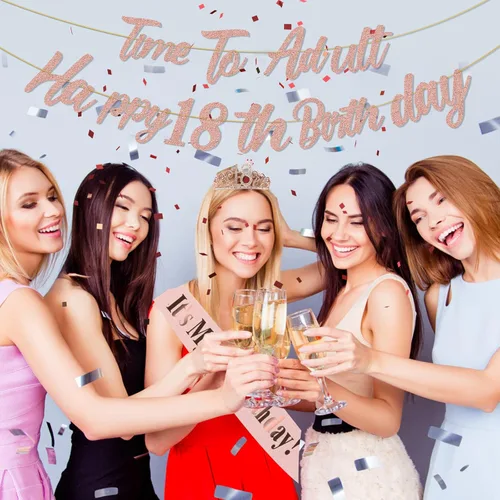 Vista 4 de Decoraciones de cumpleaños número 18 de oro rosa para niñas, pancarta de cumpleaños número 18, banda de cumpleaños 18, tiara de 40 pulgadas, número