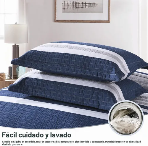 Vista 6 de Finlonte Juego de ropa de cama ligera de verano 100 % algodón, a rayas azul marino, para todas las estaciones, 3 piezas