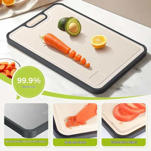 Vista 6 de Tabla de cortar de titanio para cocina, tabla de cortar de doble cara de grado alimenticio, titanio puro y paja de trigo PP, apta para lavavajillas