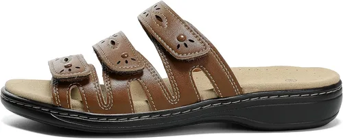 Vista 4 de Sandalias clásicas de cuero para mujer, sandalias casuales con soporte de arco, correas ajustables de gancho y bucle, zapatos para exteriores 2024