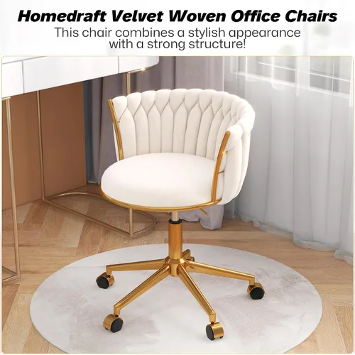 Vista 3 de Silla de oficina en casa tejida de terciopelo, moderna silla de escritorio giratoria con ruedas, silla de tocador ajustable en altura con base