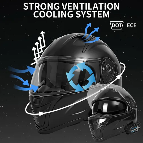 Vista 2 de Cascos modulares Bluetooth para motocicleta con luces traseras, aprobado por DOT, casco de motocicleta de doble visera, con altavoces duales