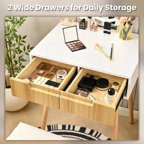Vista 4 de Tocador pequeño con espejo y luces, tiradores de madera con taburete acolchado, 3 modos de iluminación, mesa redonda de maquillaje con rieles