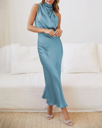 Vista 6 de BTFBM Vestido de cóctel sin mangas para mujer, cuello falso, abertura de cerradura, cintura alta, elástico, para invitadas de boda, fiesta de noche